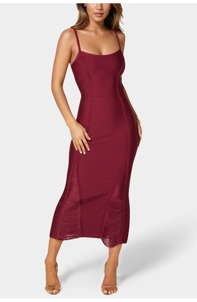 bebe Fringe Inset Bandage Midi Dress, Main, color, Burgundy