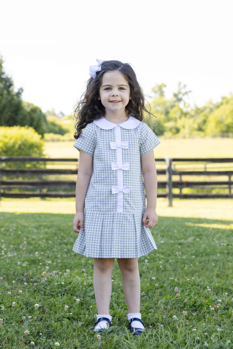 Check Dress with Pleated Skirt And Bows, Alternate, color, Sage & White Check