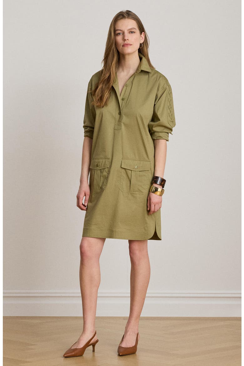 Lace-Up Trim Long Sleeve Shirtdress, Alternate, color, LIGHT AGAVE GREEN