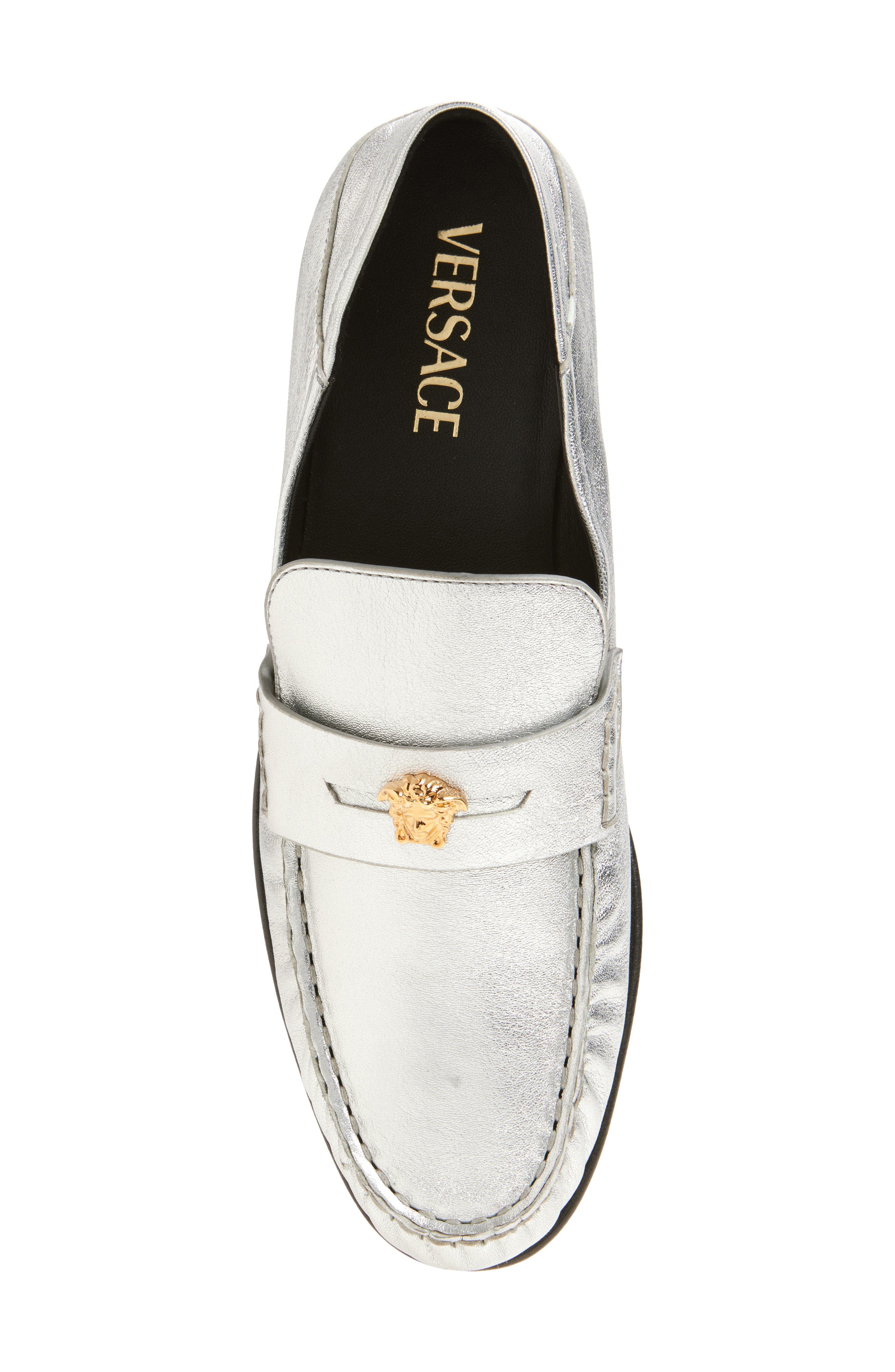 Versace Medusa Convertible Metallic Penny Loafer, Alternate, color, Silver-Versace Gold