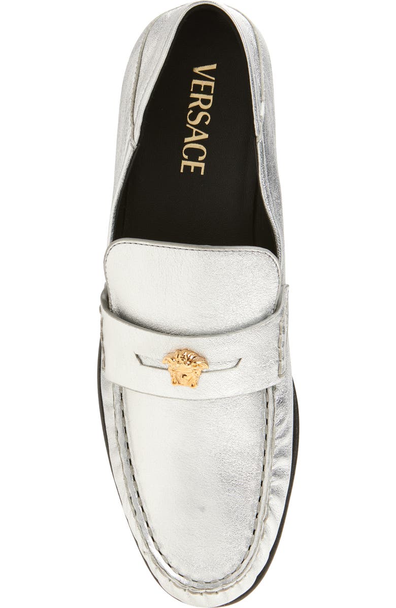 Versace Medusa Convertible Metallic Penny Loafer, Alternate, color, Silver-Versace Gold