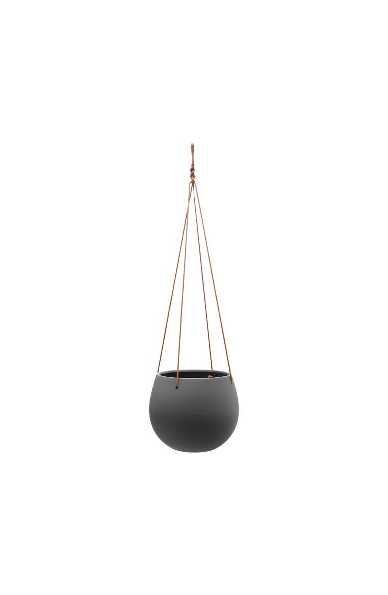 Storied Home Hanging Stoneware Planter with Leather Rope Hanger, Latex Finish, Black, Main, color, Grey