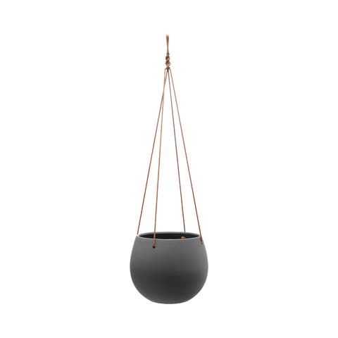 Hanging Stoneware Planter with Leather Rope Hanger, Latex Finish, Black