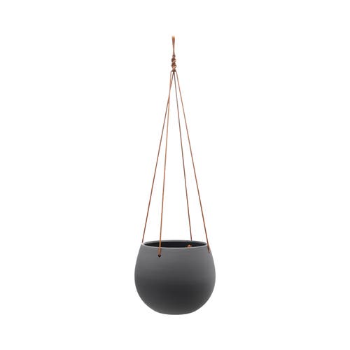 Storied Home Hanging Stoneware Planter With Leather Rope Hanger, Latex Finish, Black In Gray