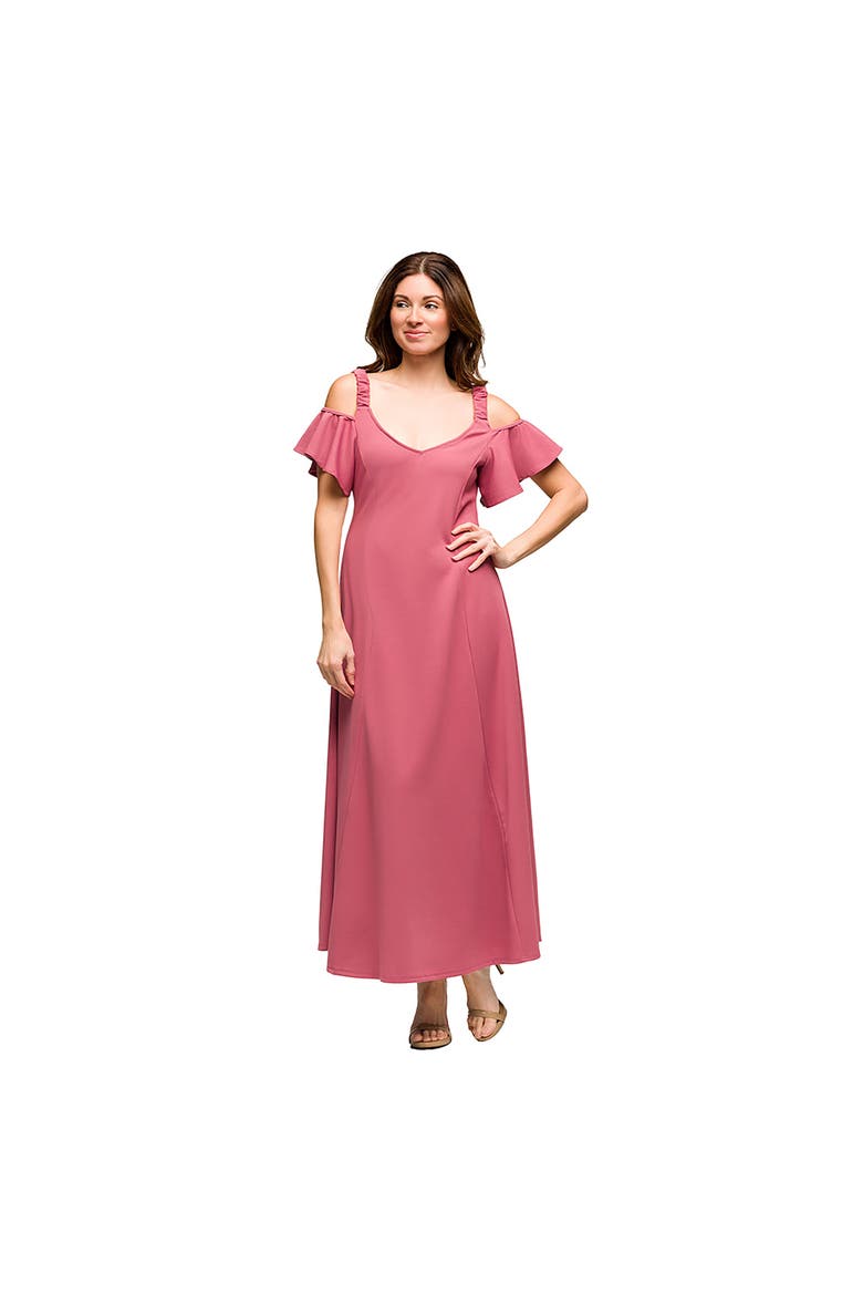 Maternity Cold Sholder Ruffle Sleeve A-Line Maxi Dress, Main, color, Rose