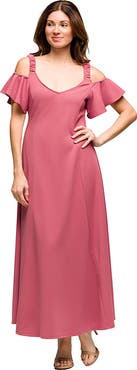 24seven Comfort Apparel Maternity Cold Sholder Ruffle Sleeve A-Line Maxi Dress