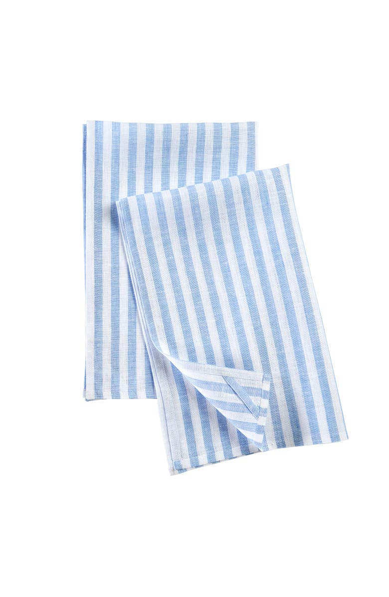 Solino Home Linen Kitchen Towels Set of 2, 17 x 26 Inch for Dining Table, Holiday and Everyday Table Decor - Amalfi Stripe, Alternate, color, Sky Blue And White