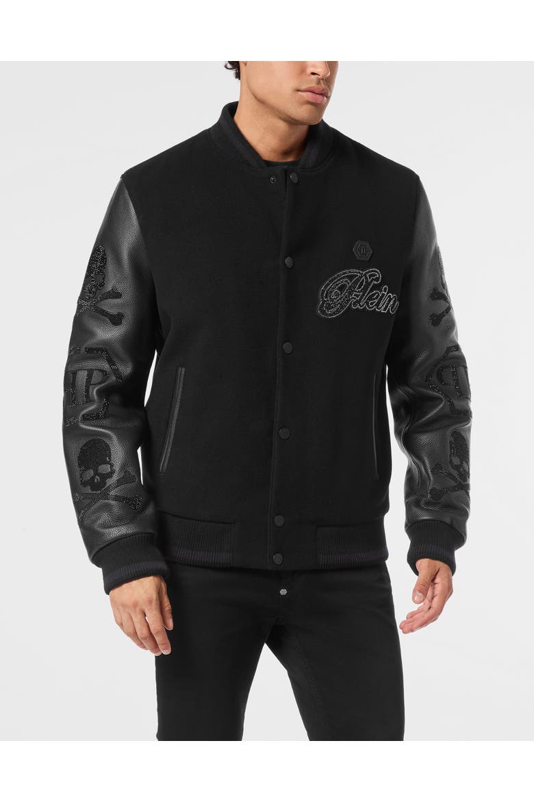 Wool &Amp; Leather Varsity Bomber Jacket Patches Stones Men, Main, color, black