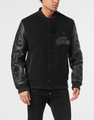 PHILIPP PLEIN Wool &Amp; Leather Varsity Bomber Jacket Patches Stones Men