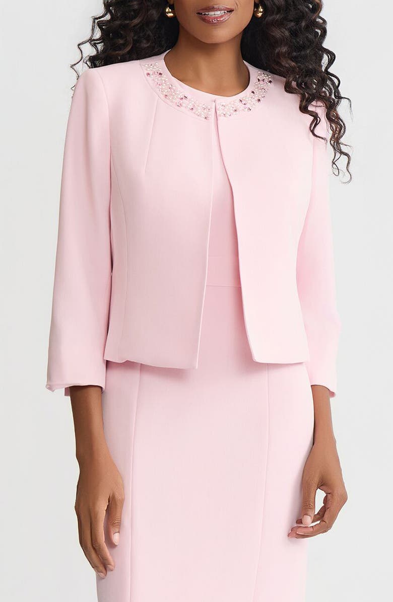 KASPER Imitation Pearl & Crystal Detail Open Jacket, Main, color, 