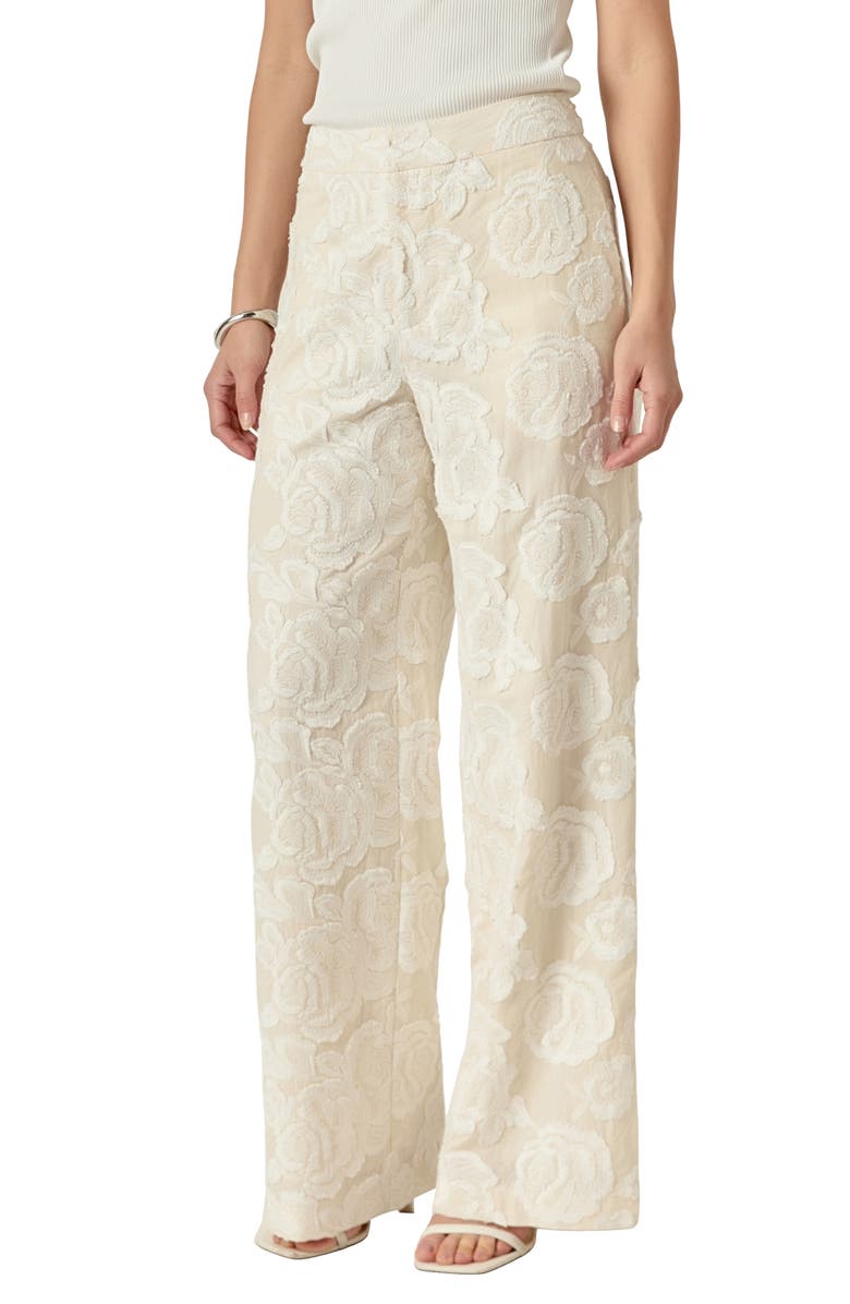 Endless Rose Floral Embroidered Wide Leg Cotton Pants, Alternate, color, Cream