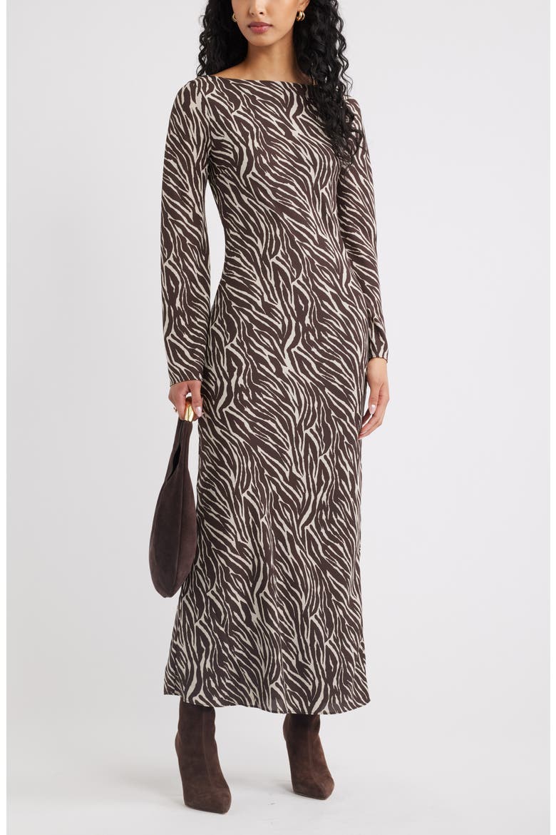 Print Long Sleeve Drape Back Dress, Alternate, color, BROWN ANIMAL STRIPES