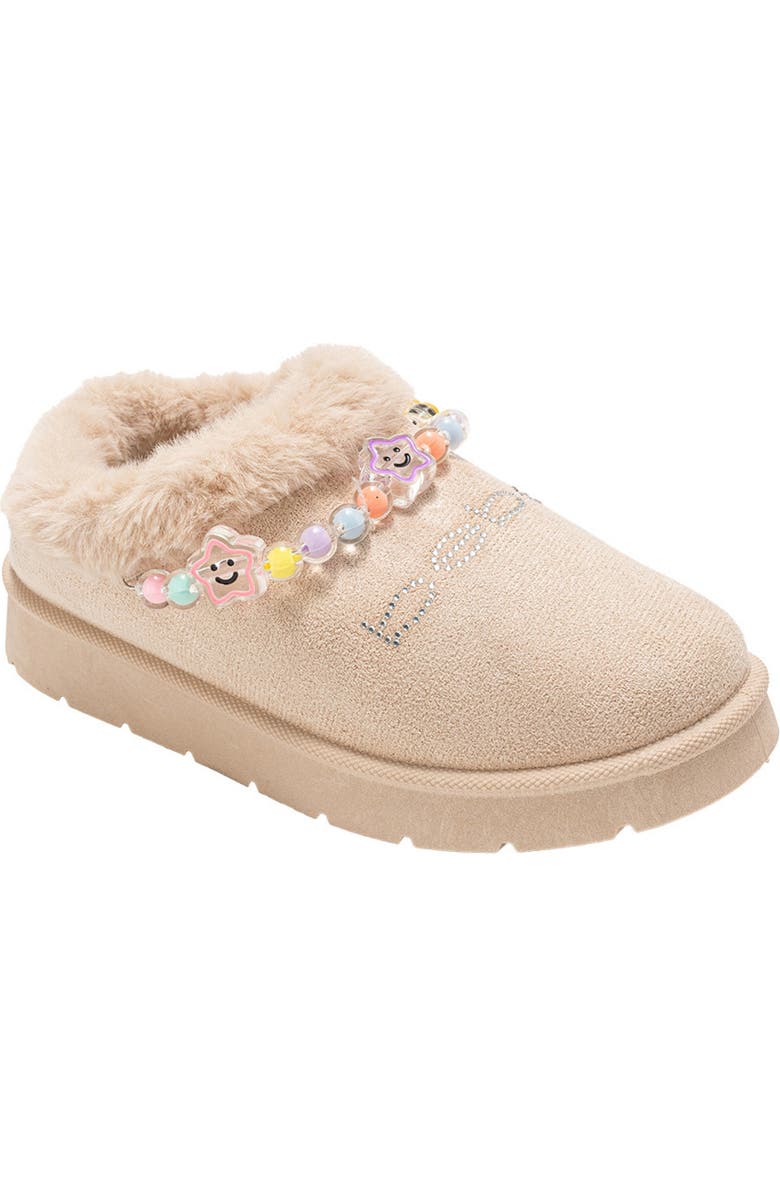 bebe Kids' Cozy Friendship Beaded Faux Fur Trim Slipper, Main, color, Sand