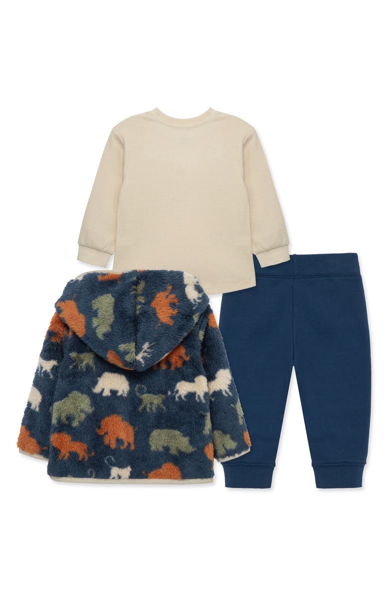 Little Me Animal Print Fleece Hooded Jacket, Waffle T-Shirt & Pants Set, Alternate, color, 