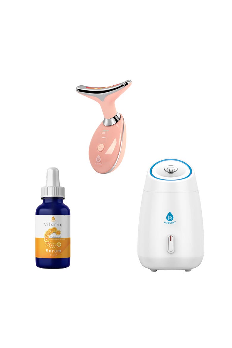 Glow & Renew Skincare Bundle Facial Steamer, 7-in-1 LED Light Therapy Device & Vitamin C 20% Serum, Main, color, White
