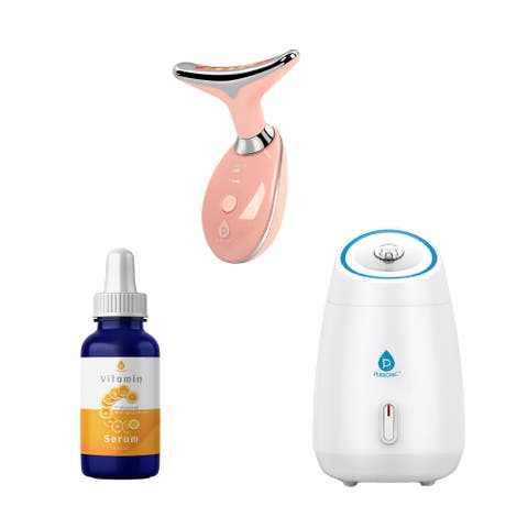 Glow & Renew Skincare Bundle Facial Steamer, 7-in-1 LED Light Therapy Device & Vitamin C 20% Serum