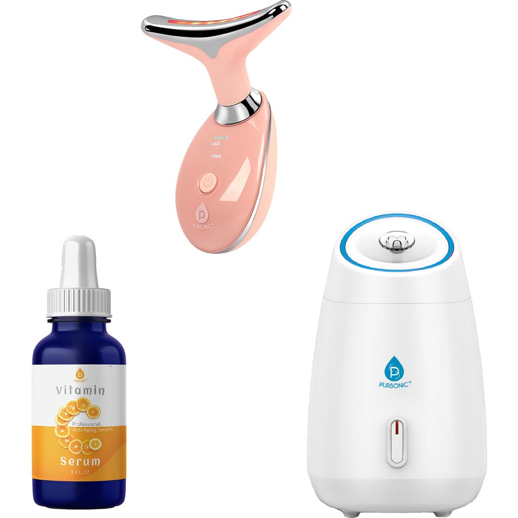 Pursonic Glow & Renew Skincare Bundle Facial Steamer, 7-in-1 Led Light Therapy Device & Vitamin C 20 In White