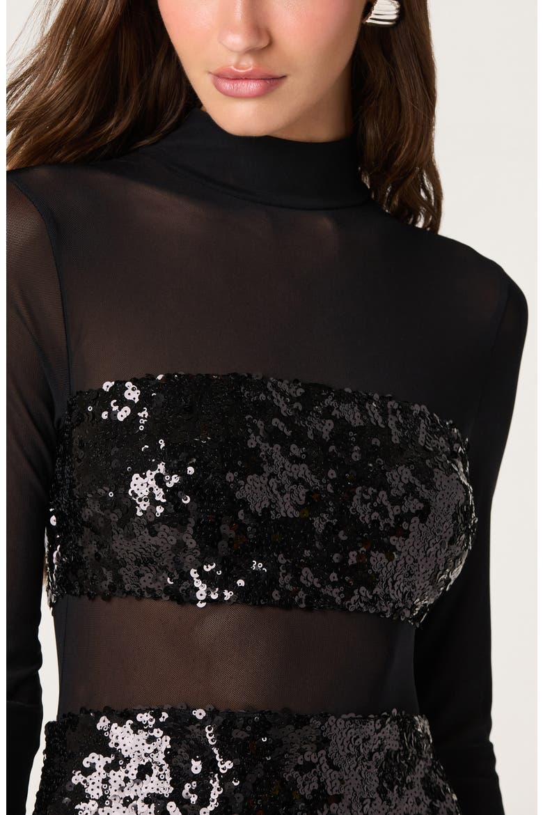 Daja Sequined Mock Neck Long Sleeve Midi Dress, Alternate, color, BLACK