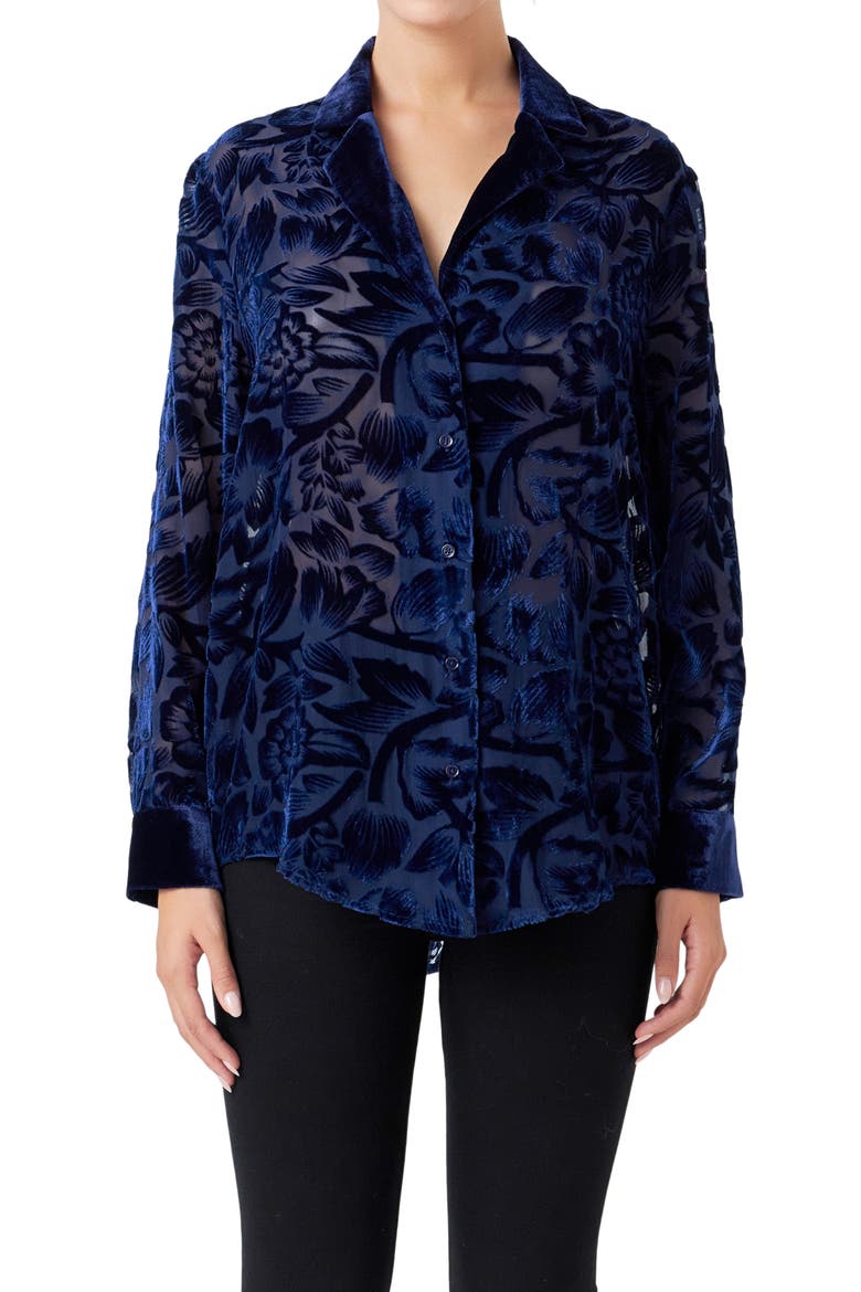 Floral Semisheer Velvet Burnout Long Sleeve Button-Up Shirt, Alternate, color, NAVY