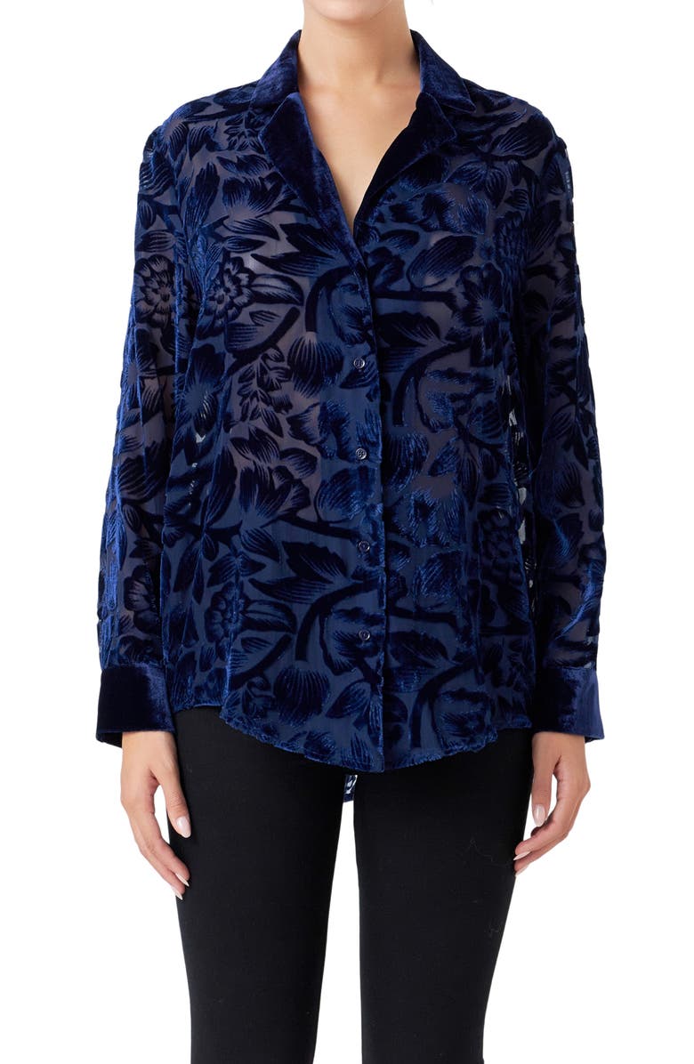 Endless Rose Floral Semisheer Velvet Burnout Long Sleeve Button-Up Shirt, Alternate, color,