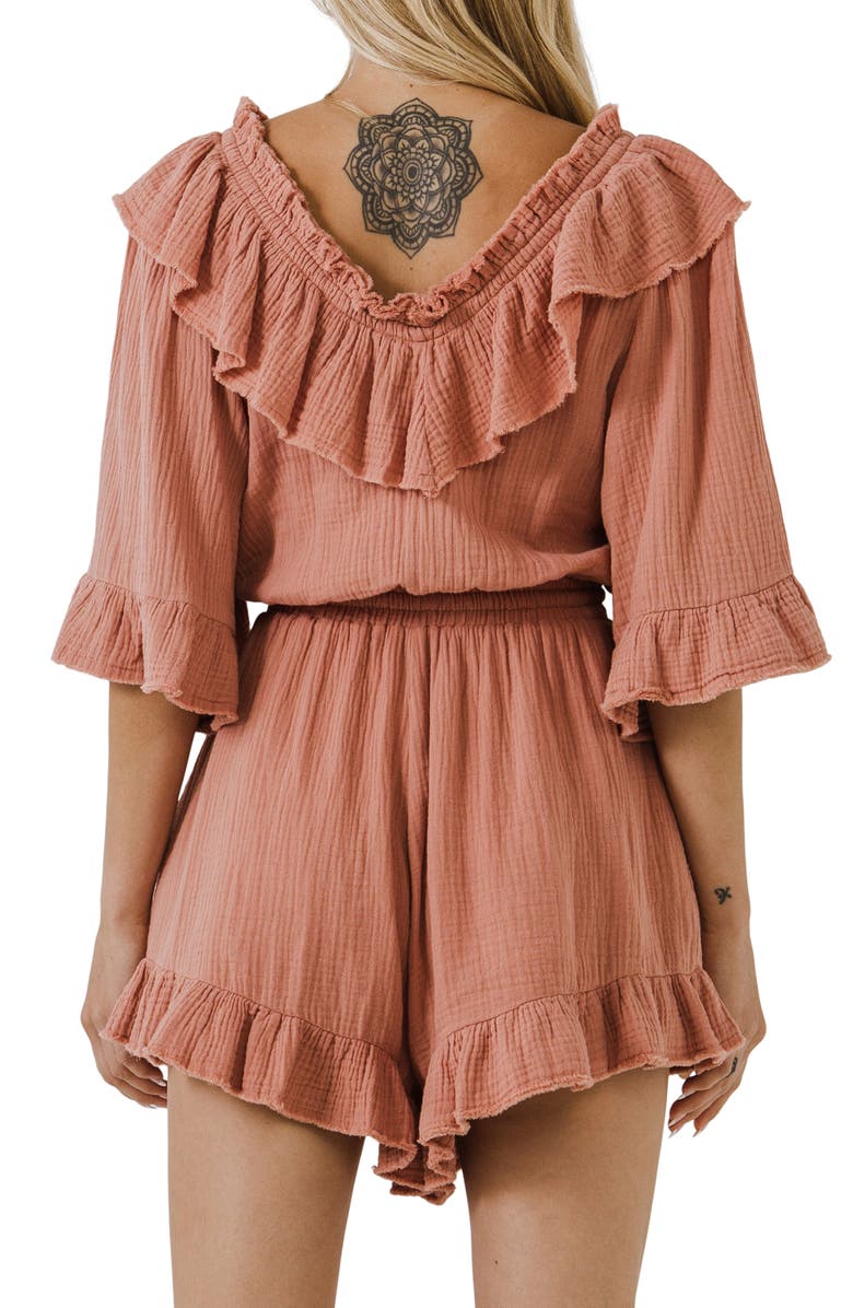 Free the Roses Ruffle Detail Cotton Romper, Alternate, color, Rust