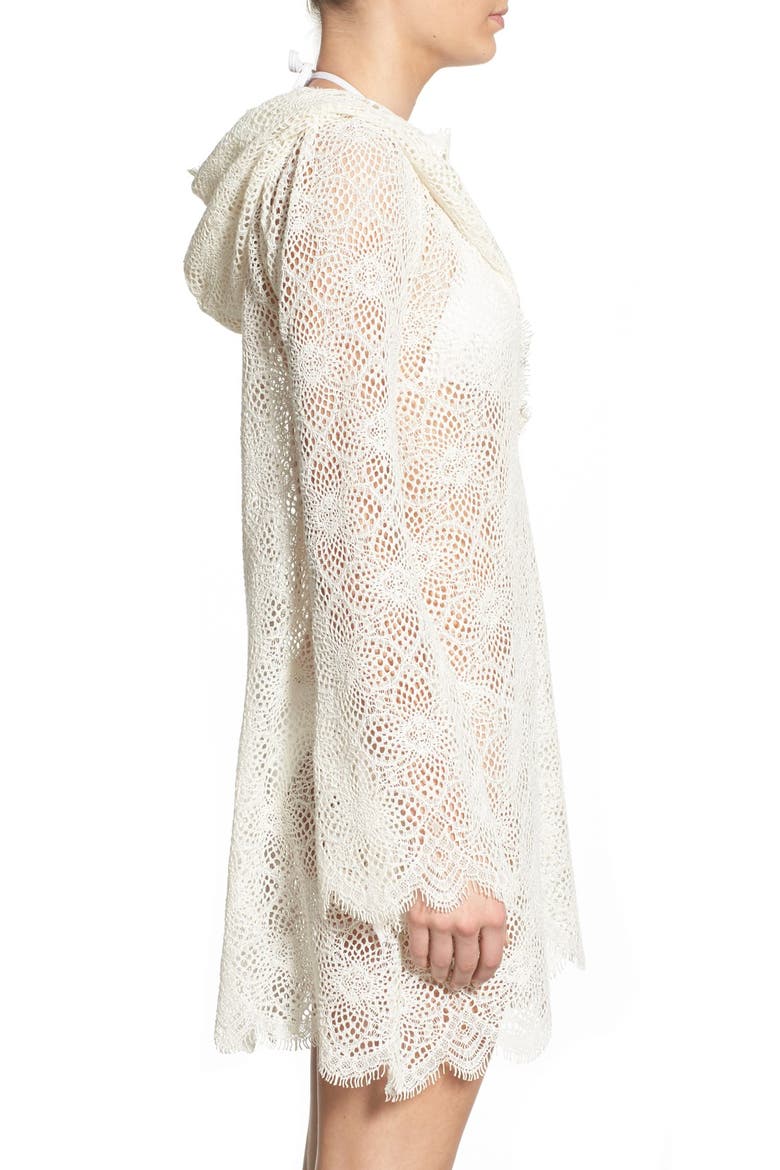 'Cannes' Floral Lace Hooded Cover-Up, Alternate, color, WHITE
