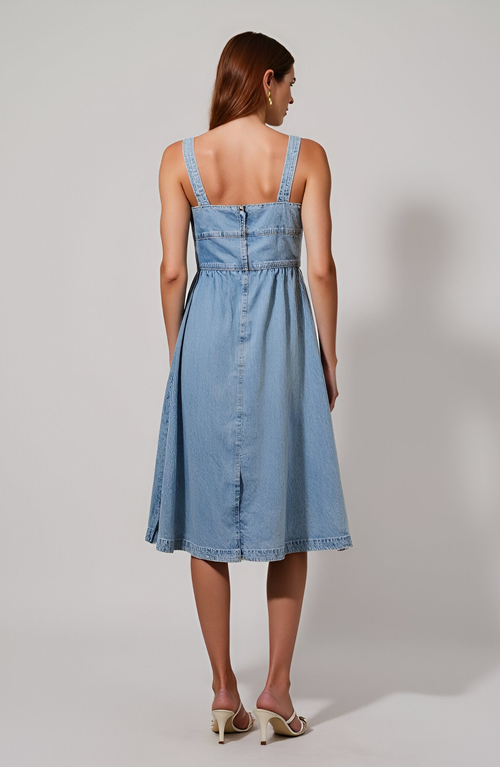Modenaire Denim Midi Dress With Bow Detail In Blue