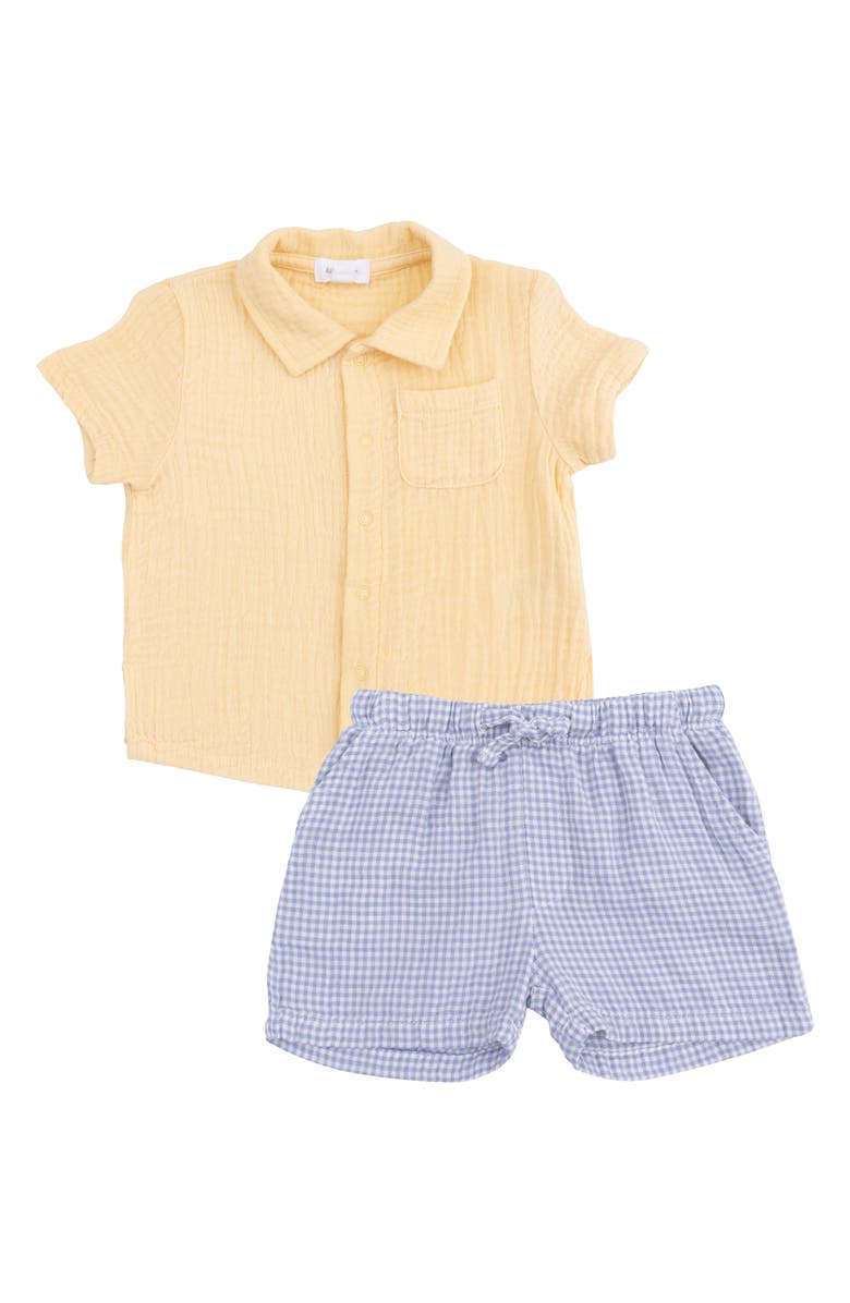 Angel Dear Organic Cotton Muslin Snap-Up Shirt & Gingham Shorts Set, Main, color, Off White Blue