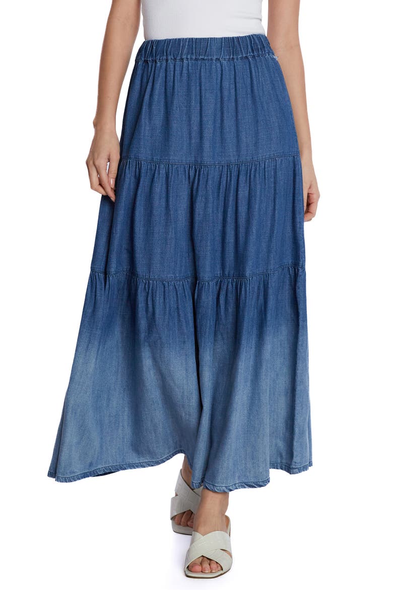 Ombré Tiered Denim Maxi Skirt, Main, color, GLACIER BLUE