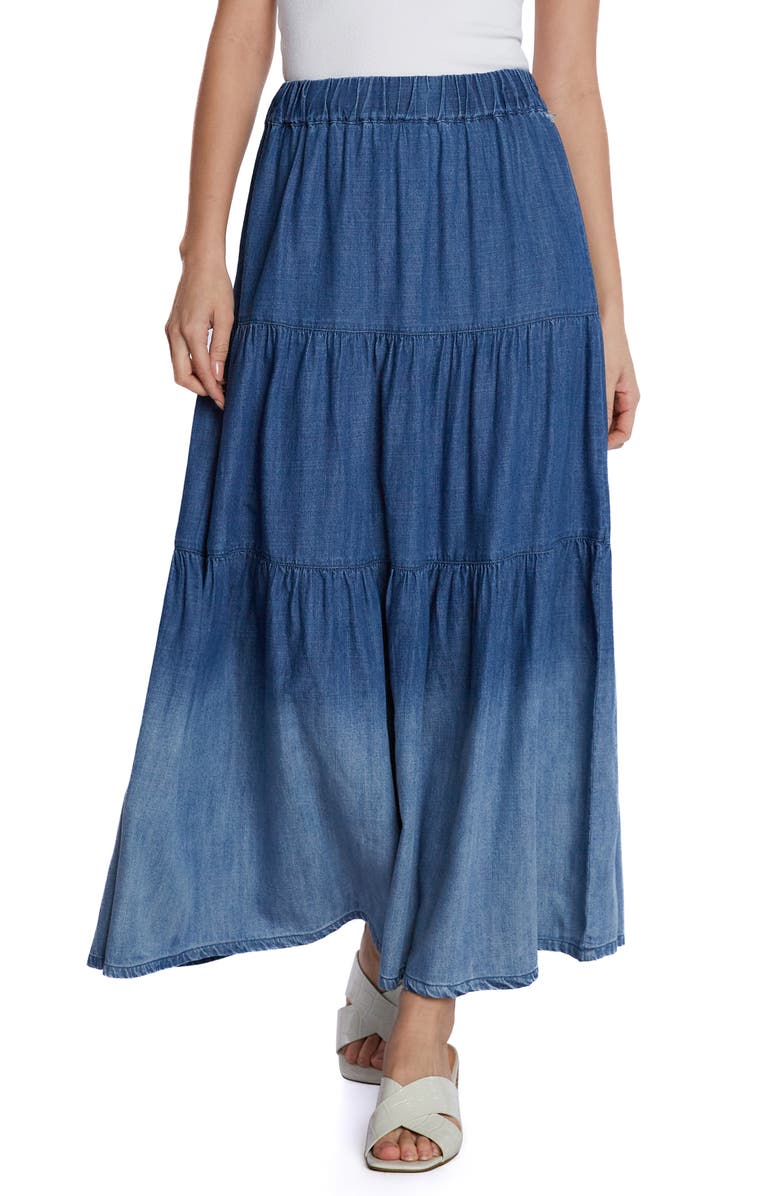 Wash Lab Denim Ombré Tiered Denim Maxi Skirt, Main, color, Glacier Blue