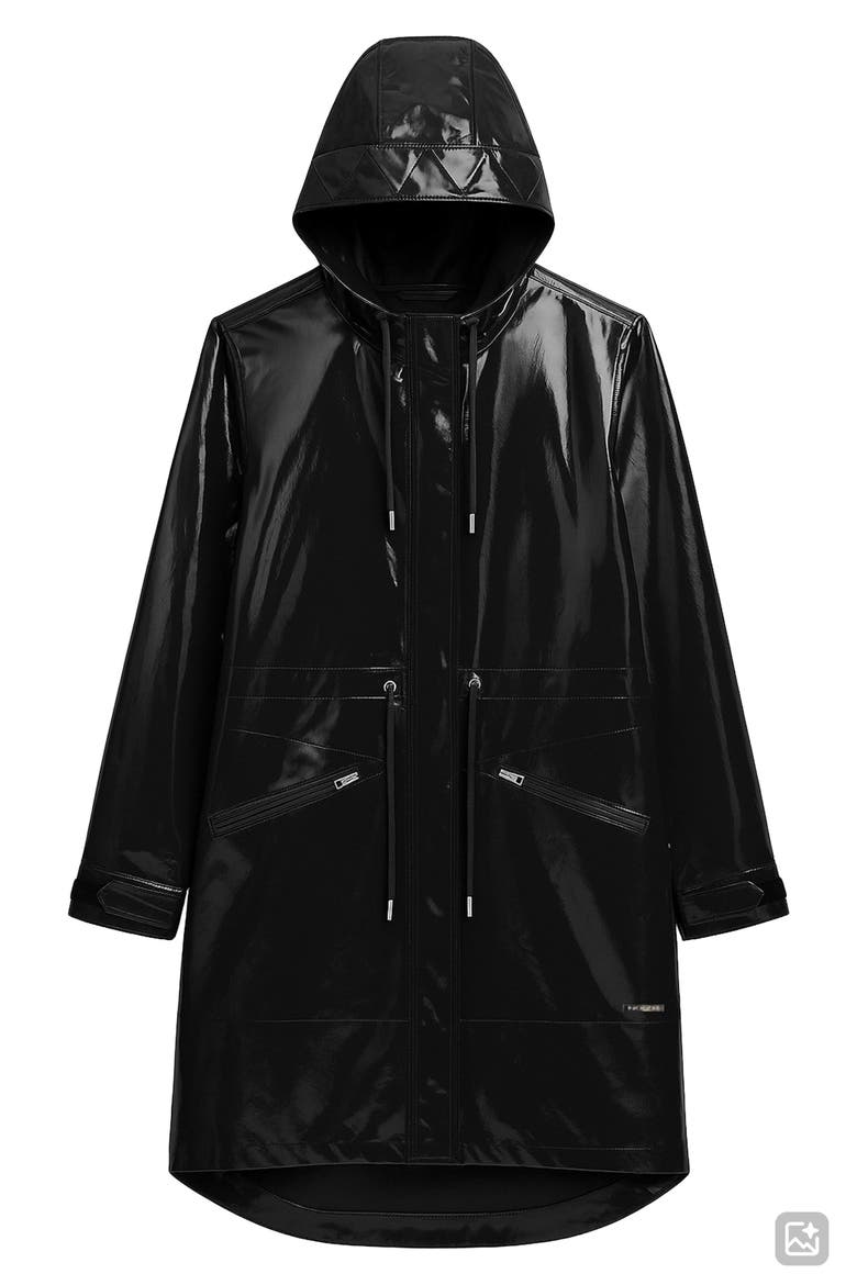 Sibil-V Hooded Water Resistant Coated Vinyl Raincoat, Alternate, color, BLACK VINYL