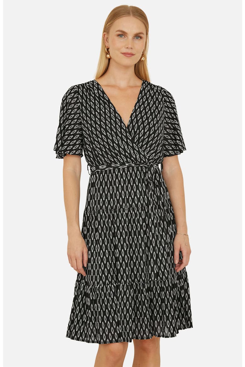 Short Sleeve Tie Waist Midi Skater Dress, Alternate, color, Black