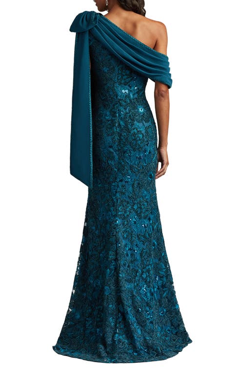 Tadashi Shoji Beaded Floral One-shoulder Gown In Blue