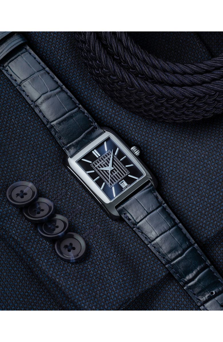 FREDERIQUE CONSTANT Classics Carrée Blue Leather Strap Watch, 30.4mm x 33mm, Alternate, color, Blue