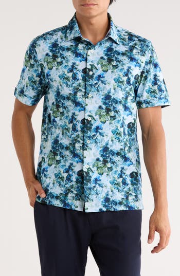 Bugatchi Milo Short Sleeve 8-way Stretch Ooohcotton® Button-up Shirt In Green