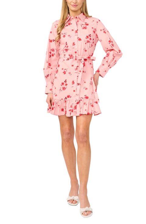 Ruffle Floral Print Tie Waist Shirtdress