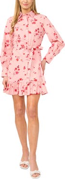 CeCe Ruffle Floral Print Tie Waist Shirtdress