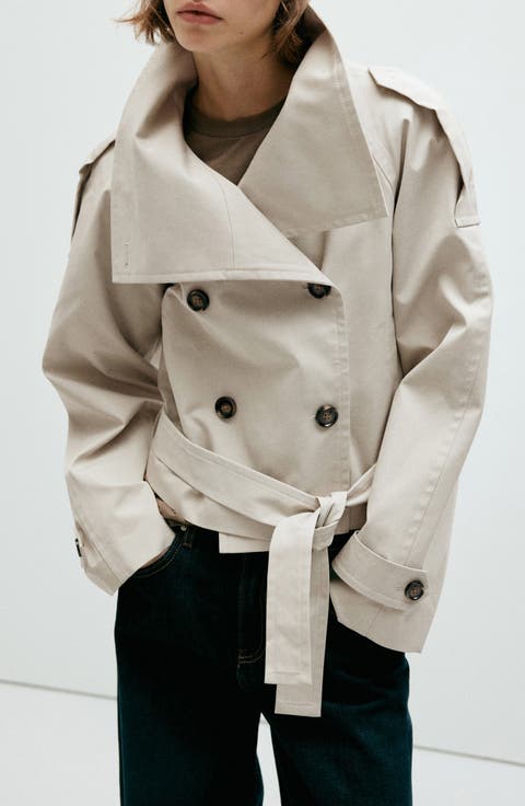 Double Breasted Crop Cotton Blend Trench Coat