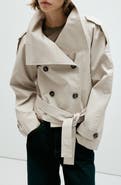 MANGO Double Breasted Crop Cotton Blend Trench Coat