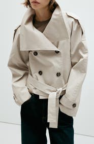 MANGO Double Breasted Crop Cotton Blend Trench Coat