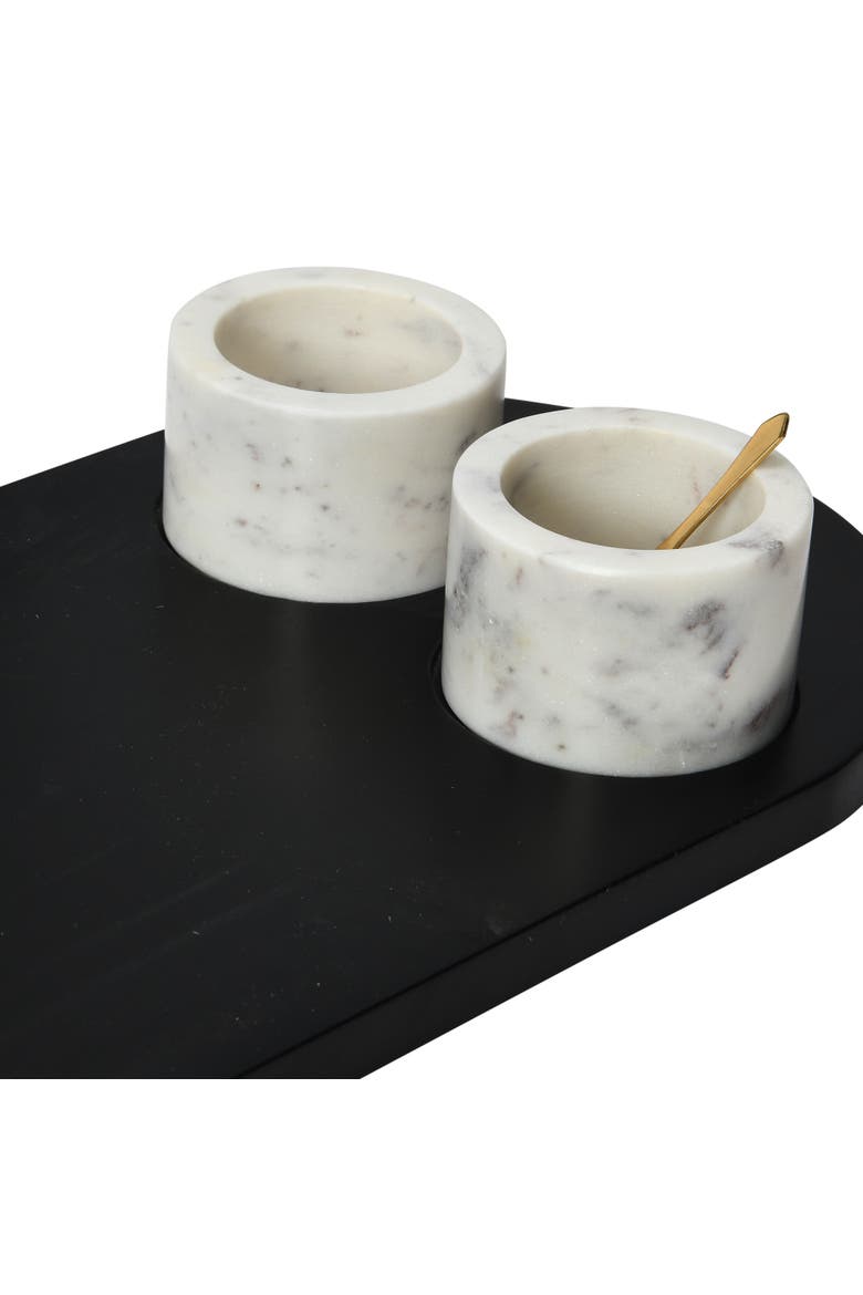 Elegant Mango Wood Tray with 2-Piece Marble Bowls and a Gold Finish Stainless Steel Spoon, Multicolor, Alternate, color, Multicolor