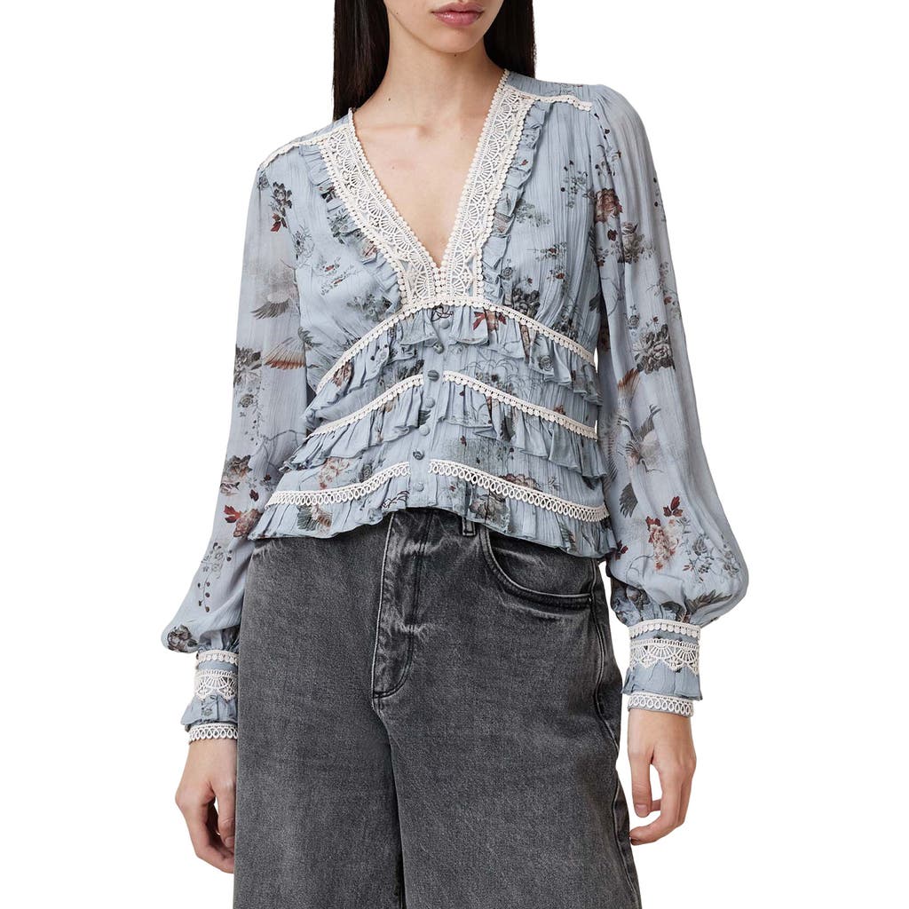 Allsaints Zora Floral Ruffled Top In Blue