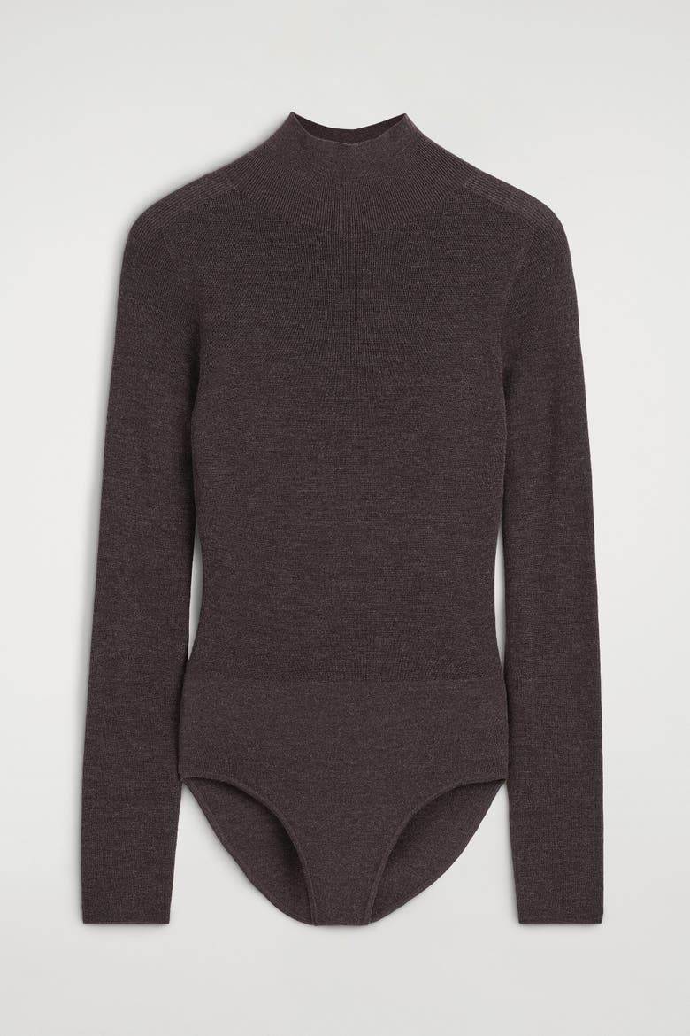 Seamless Merino Wool Mock-Neck Bodysuit, Alternate, color, BROWN MÉLANGE