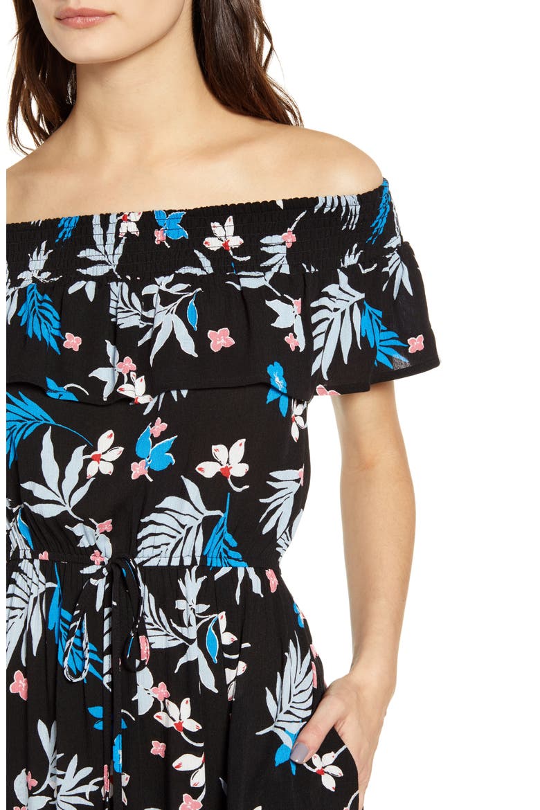 Floral Print Off the Shoulder Maxi Dress, Alternate, color, BLACK/ LIGHT BLUE