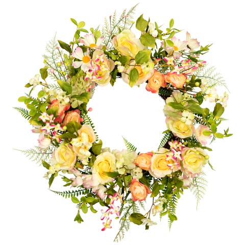 26" Daisy, Peony And Roses Artificial Floral Spring Wreath