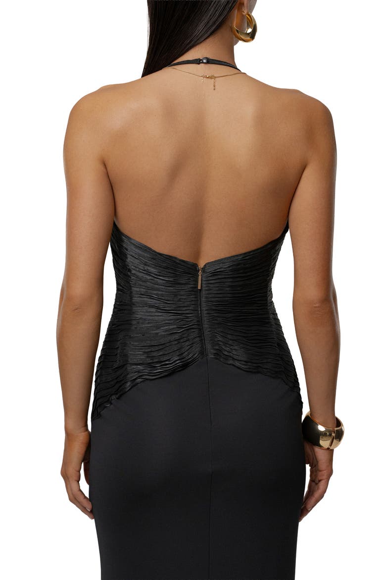 Enchanted Plunge Neck Mixed Media Gown, Alternate, color, BLACK