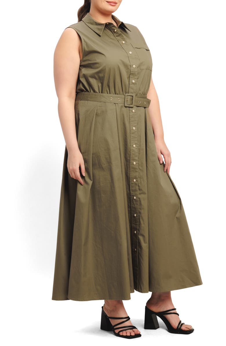 FLYING TOMATO Belted Sleeveless Maxi Shirtdress, Alternate, color, Olive