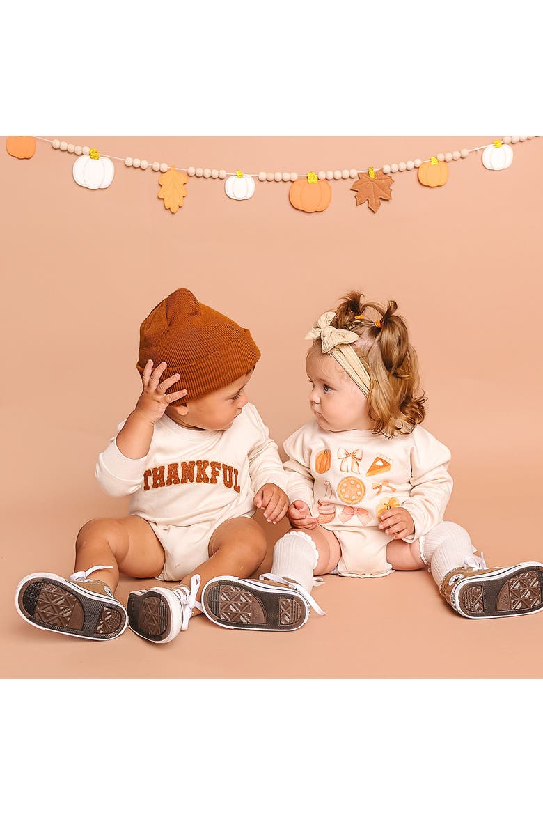 Thankful Patch Varsity Thanksgiving Long Sleeve Romper, Alternate, color, Natural