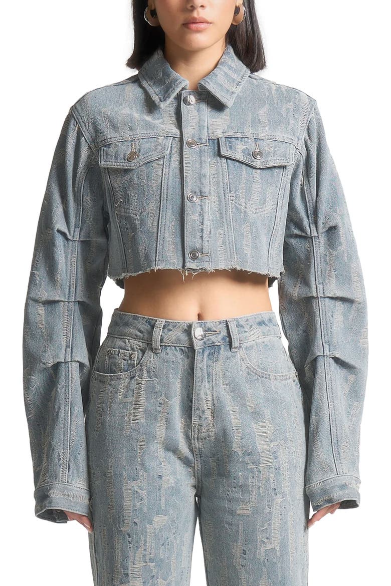 Alice Cropped Distressed Denim Jacket, Alternate, color, Mid Blue