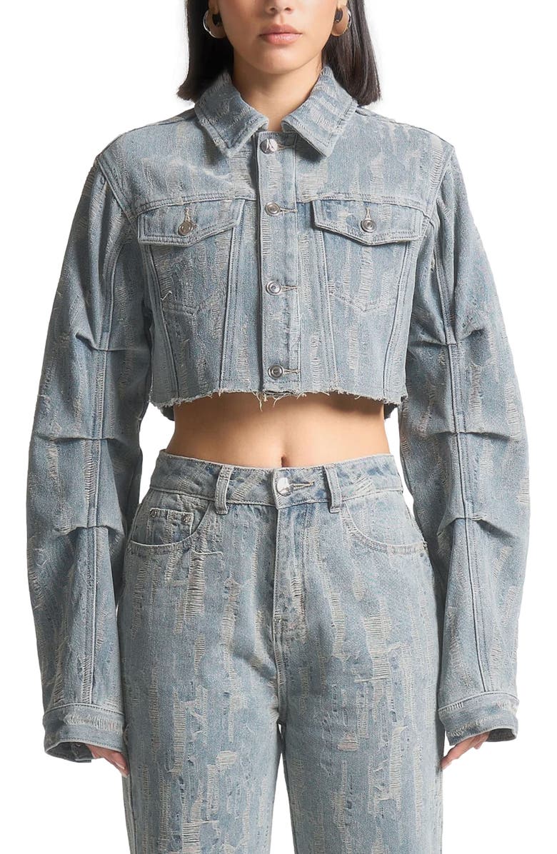 Manière De Voir Alice Cropped Distressed Denim Jacket, Alternate, color, Mid Blue